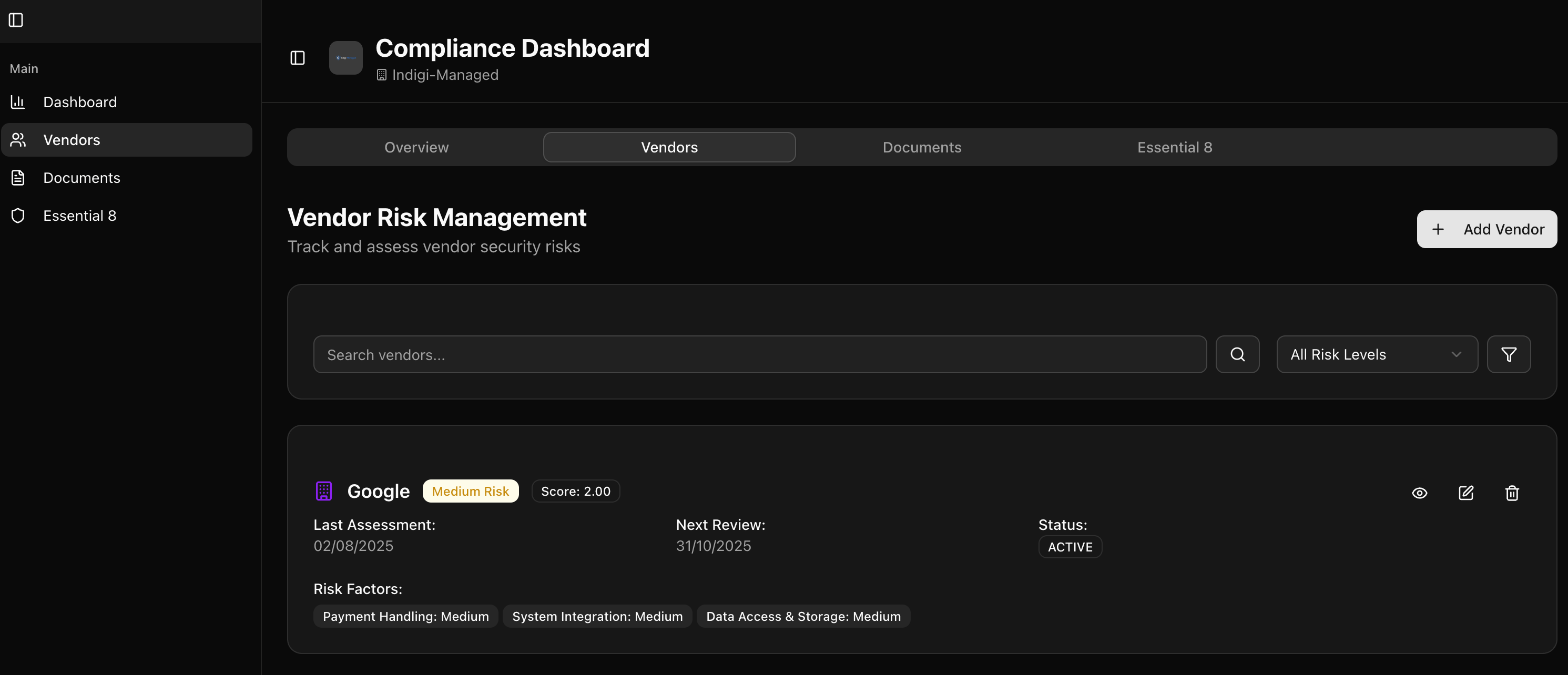 Vendor Risk Management Interface